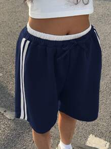 SHEIN Sporty American Street Style Campus Back To School Waistband Color Blocked Loose Shorts, Navy & White, Teen Girls - Navy Blue - View 1