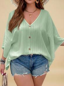 SHEIN VCAY Plus Size Textured Batwing Sleeve V-Neck Blouse, Vacation Wear - Mint Green - View 5