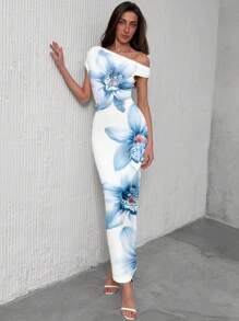 Modelyn Women Asymmetric Ruched Bodycon Dress,White And Blue Floral,Summer,Elegant,Vacation,Holiday,Hawaii Outfits,Beach Vacation Outfits,Party Dresses - Blue and White - View 1