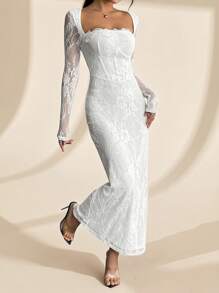 SHEIN PETITE 女式新款夏季派对约会晚会性感S型蕾丝长袖抹胸鱼骨方领紧身裹臀黑色长裙 - 白色 - 查看 5