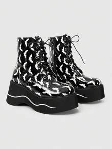 ROMWE Goth 女式厚底蝙蝠图案靴，朋克哥特风格系带踝靴，时尚拉链粗跟 Y2K 靴子，适合秋季、万圣节 - 黑色 - 查看 2