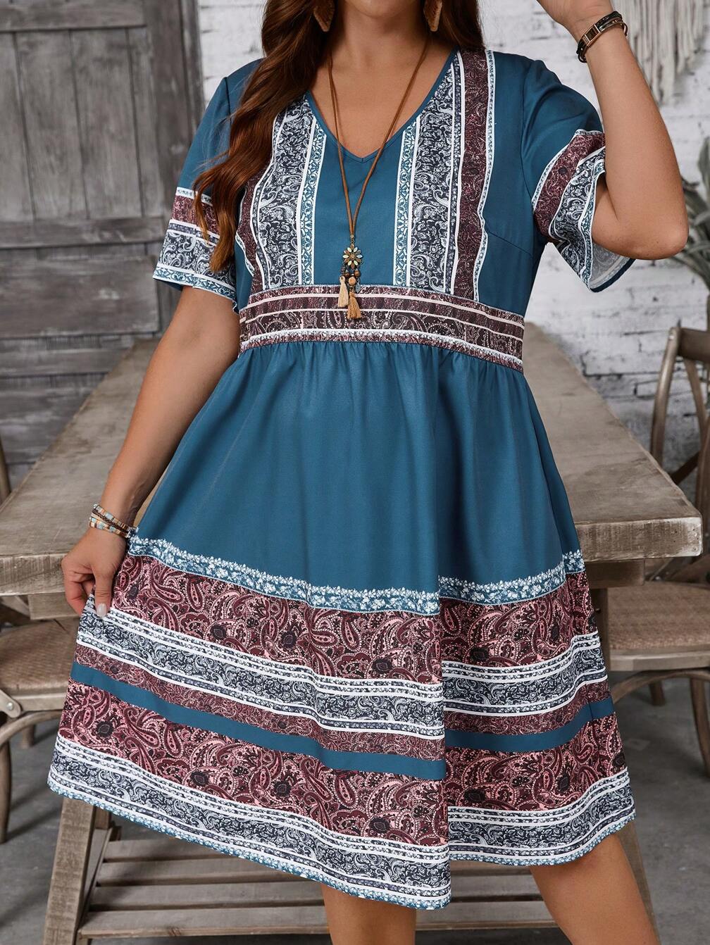 knee length plus size boho dress EMERY ROSE Plus Size Women's Summer Boho Vacation Holiday V-Neck Short  Sleeve Loose Knee-Length Dress,Black Linen-Like Printed Fabric Beach Casual  Outfit
