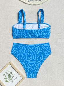 Swim Vcay Set de 2 piezas de bikini de verano para mujer con parte superior de tirantes y Bottom de cintura alta, estampado de color aleatorio, para playa y resort - Azul - Ver 4