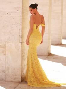 Glamrae Robe de soirée sirène plissée transparente avec manches asymétriques en dentelle et paillettes jaunes élégantes pour femmes - Jaune citron - Voir 2