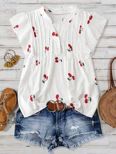 SHEIN Clasi Blusa casual de mujer con estampado de cerezas, cuello plisado y mangas cortas de campana en silueta "H", para uso diario y vacaciones