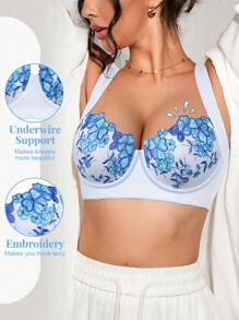 SHEIN 1 pieza Sujetador con aros para mujer, casual y cómodo con tirantes anchos, bordado, soporte y ajustable - Azul y blanco - Ver 4