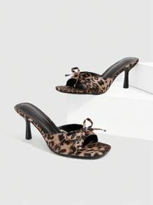 CUCCOO SZL Leopard Print Satin Square Toe Mule Sandals With Bow Decor, Fashion High Heels
