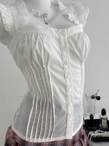 Elamini 女士夏季白色荷叶边V领休闲衬衫 - 白色 - 查看 5