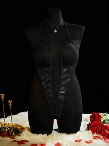 SpicyHot 加大码性感镂空开裆裤，PU 皮革，适合狂欢 - 黑色 - 查看 3