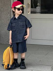 Dazy Kids 男童破洞牛仔短袖T恤和短裤套装，休闲 - 藍色 - 查看 1