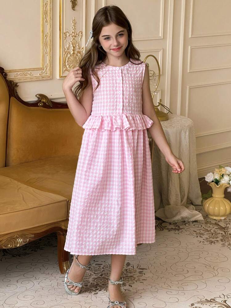Tween Girls Casual Plaid Ruffle Hem Dress, Summer,Back To School Clothes