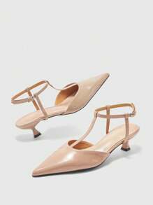 CUCCOO BIZCHIC Women's Fashion Pointed Toe Chain Decor Open Back Kitten Heel Pumps