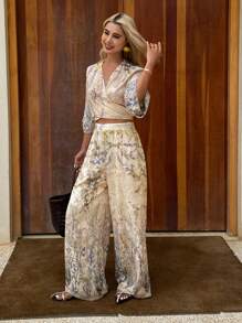 两件套女士印花V领系带长袖上衣和阔腿裤复活节 - 杏色 - 查看 1