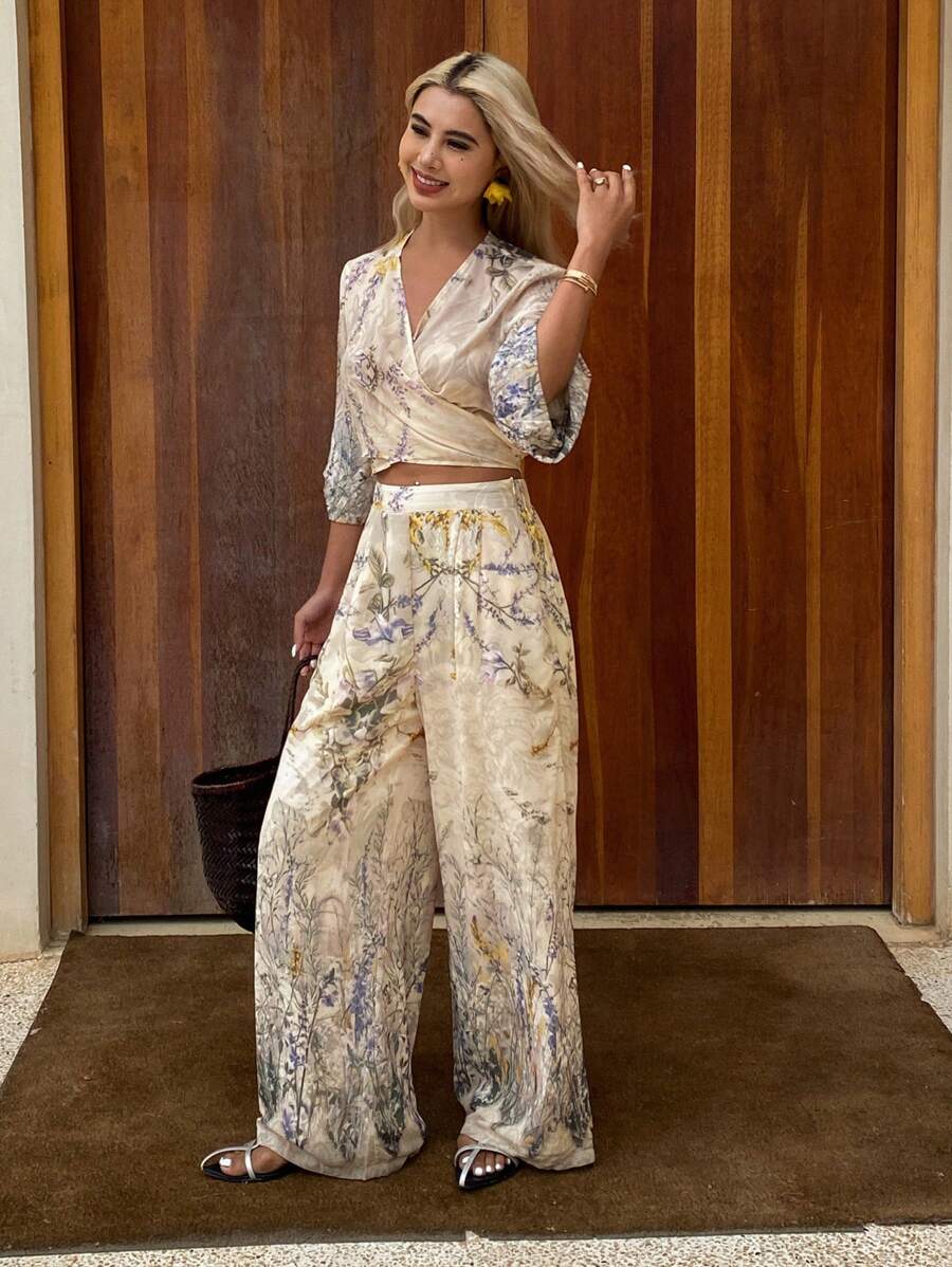 两件套女士印花V领系带长袖上衣和阔腿裤复活节 - 杏色 - 查看 1