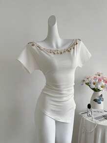 Rafferiza Fashion Casual Vacation Bohemian Shell Sequin Tassel Pleated Fitted Asymmetric Hem Off-Shoulder Short Sleeve T-Shirt