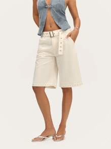 Nöista Short bermuda blanco a medida con cinturón - Short bermuda blanco a medida elegante con cinturón a juego, adecuado para estilos veraniegos casuales pero refinados. - Blanco - Ver 5
