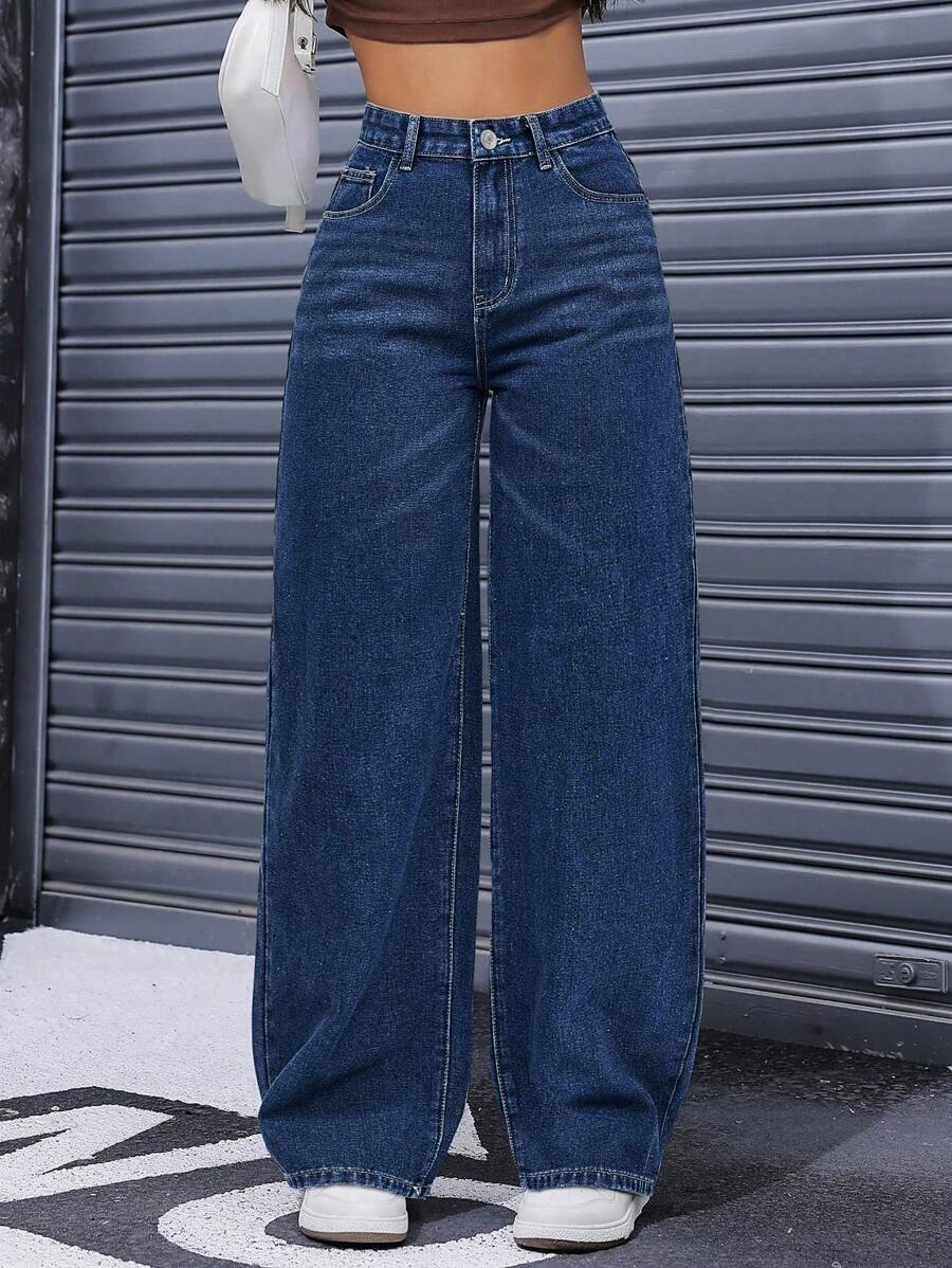 SHEIN PETITE 女士高腰口袋阔腿宽松休闲牛仔裤 - 深色水洗藍 - 查看 1