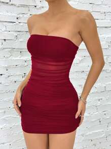SHEIN EZwear Váy ngắn Bandeau nhún bèo gợi cảm mùa hè cho nữ - Màu Đỏ Sâu - Xem 3