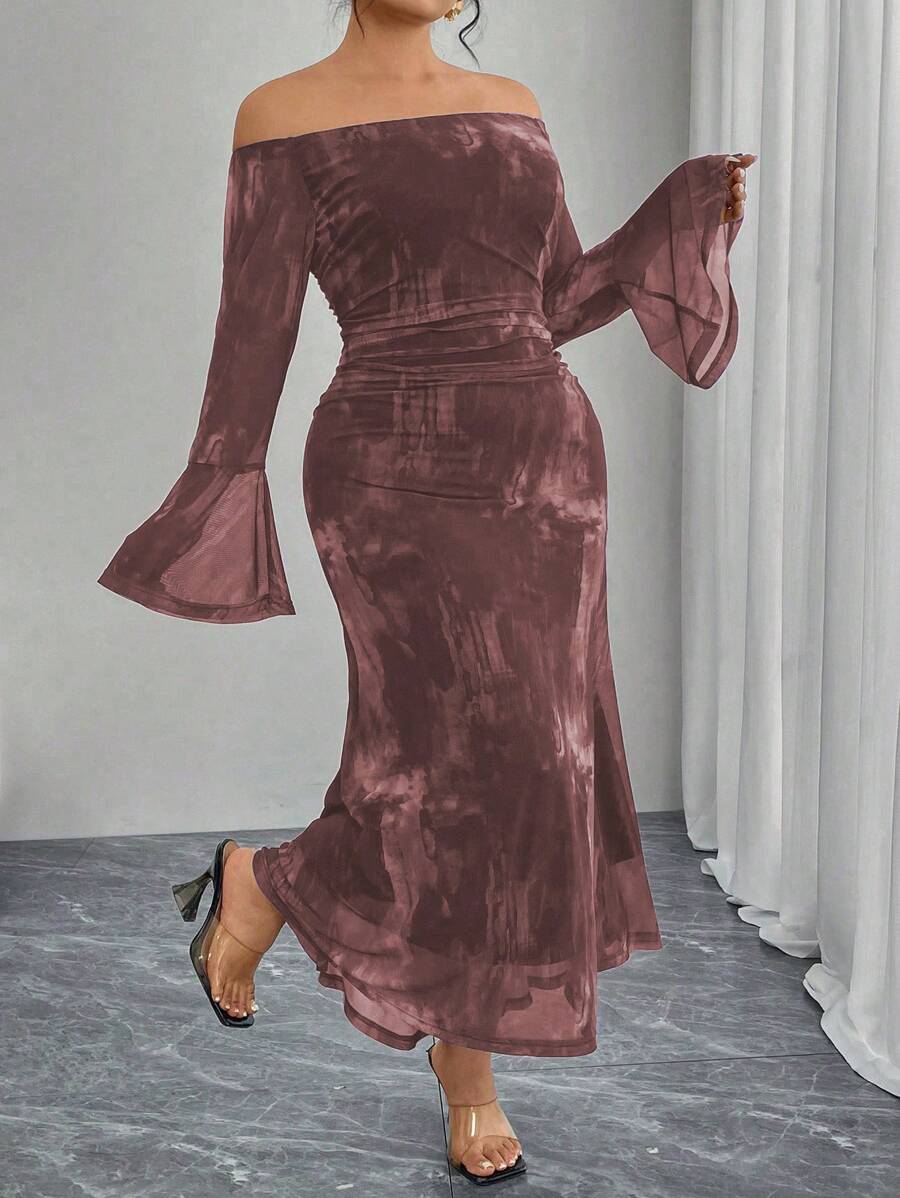 Modelyn Plus Size Women Off-Shoulder Flared Sleeve Elastic Net Tie-Dye Print Pleated Fitted Fishtail Hem Elegant Bodycon Dress - Multicolor - View 1