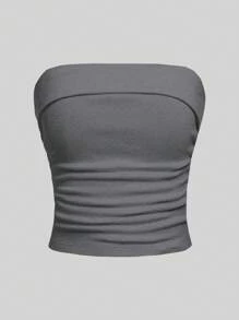 SHEIN Girlism 2 件套青少年女孩简约舒适褶皱露肩黑灰色抹胸文胸露肩上衣 - 彩色 - 查看 4