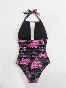 SHEIN Swim Floral Print Backless Halter One-Piece Swimsuit, Vacation Beach For Summer - Hot Pink - View 3