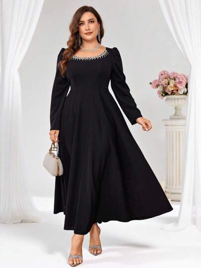 Coutiva Plus Size Evening Party Dress (Heavy Work Design) Elegant Long Sleeve Prom Semi Formal Wedding Guest Dress, For Birthday, Graduation, Homecoming