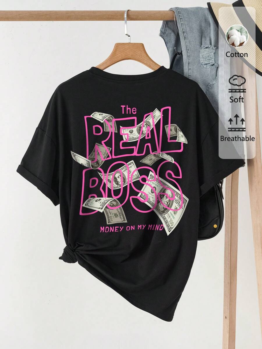 SHEIN EZwear Casual Minimalist Letter Print Round Neck Short Sleeve Oversized Women's T-Shirt, Suitable For Spring And Summer - Black - View 1