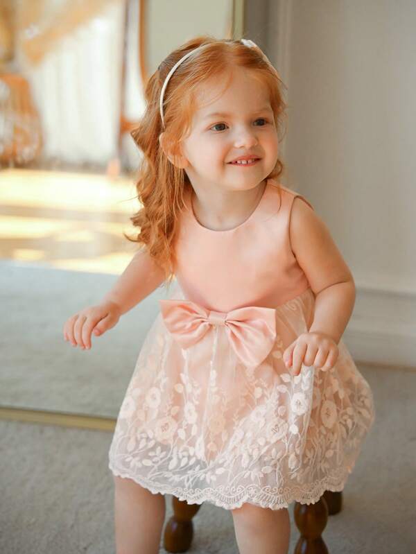 SHEIN Baby Girl Elegant Color Blocking Net Mesh Patchwork Dress, Party Dress