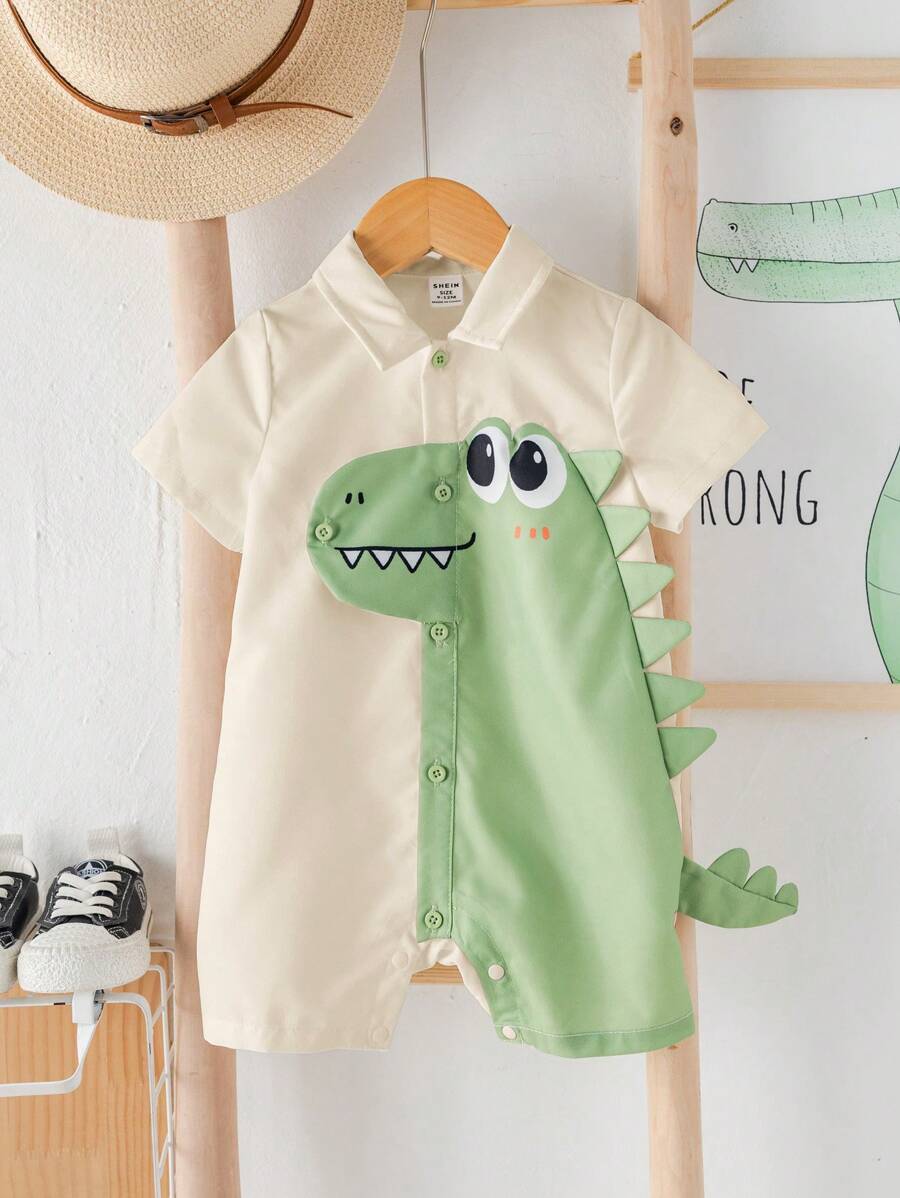 SHEIN Bộ đồ liền thân và quần short tay ngắn họa tiết khủng long hoạt hình, giản dị và đa năng cho bé trai và bé gái - Nhiều màu - Xem 1