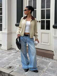 SHEIN EZwear Áo khoác dài tay trễ vai dệt màu cho nữ có khóa kéo phía trước - Màu Khaki - Xem 5