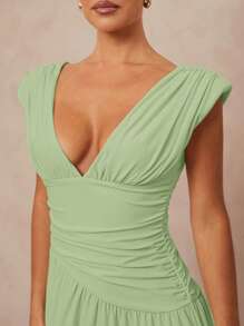 Lumalex 女式纯色深V领褶饰腰性感连衣裙 - 薄荷綠 - 查看 3