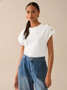 Lilora Camiseta casual de manga corta con diseño de botones metálicos para mujer, camiseta de algodón 100% de unicolor blanco, atuendos de verano para mujer, elegantes para salidas urbanas, apropiada para fiestas diarias, primavera y verano.