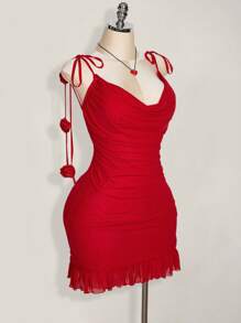 SHEIN ICON Plus Size Spring Break Outfits 3D Floral Decorated Tank Top Mini Red Dress Valentine's Day Outfits Spring Summer Women's Outfits,Club Outfits Women Sexy - Red - View 6