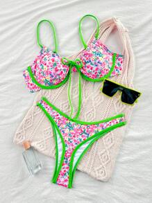 SHEIN 夏季女式两件套泳衣随机颜色吊带钢圈聚拢蝴蝶结系带比基尼上衣和下装海滩度假比基尼套装 - 彩色 - 查看 1