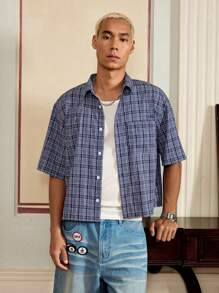 SWAVVY Standard Fit Men's Casual Loose Box-Type Check Plaid Button Up Shirt With English Embroidery, Blue And Purple - Purple - View 6