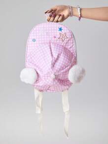 ROMWE Kawaii Cute Star Button Plush Wing Gingham Pattern Fashion Backpack & Outdoor Sports Baseball Cap Set, Lightweight Casual Commuter Daypack For Schoolbooks - Pink - View 2