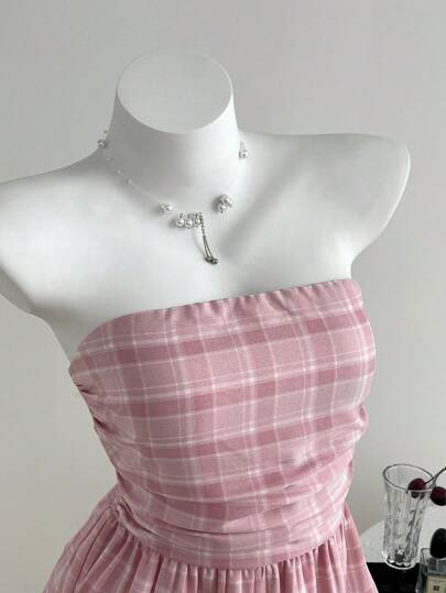 Elamini 女士格纹露肩洋装上衣，度假风格，春夏季