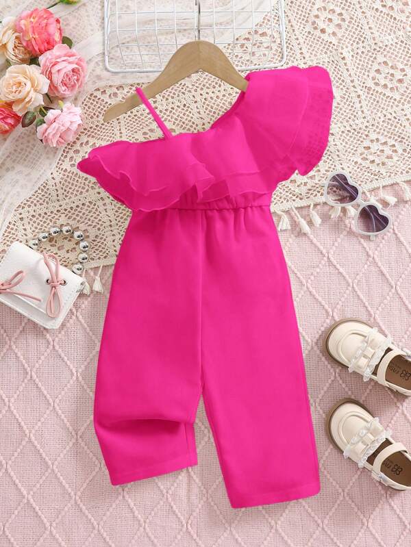 Cute Baby Girls Ruffle Trim Sling Jumpsuit, White, For Summer