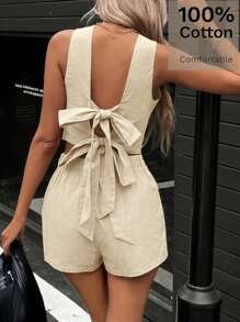 Siren Gaze 2 件套女士夏季休闲纯色露背打结短款上衣和短裤套装 - 卡其色 - 查看 2