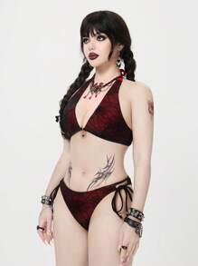 ROMWE Goth Women's Spider Web Print Halter Backless Bikini Set, Halloween - Multicolor - View 3