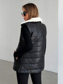 RueChic Shiny Fabric Cozzy Details Padded Zip Up Vest Winter Coat - Black - View 2