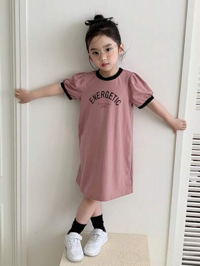 Dazy Kids 年轻女孩夏季字母印花圆领短款泡泡袖休闲连衣裙
