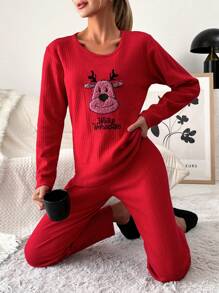 EURMUSE 100%Cotton Embroidery Cartoon & Letter Pattern Lounge Set - Red - View 3