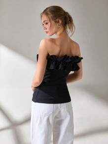 Solid Y2k Cotton Ruffle Trim Tube Top - Black - View 4