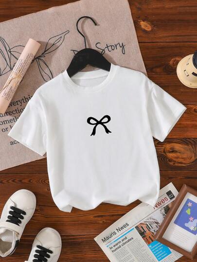 SHEIN 女婴休闲时尚舒适简约可爱蝴蝶结装饰短袖T恤春夏