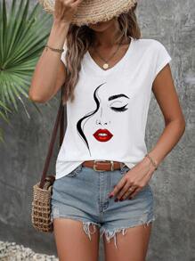 INAWLY 女士面部印花短袖 T 恤