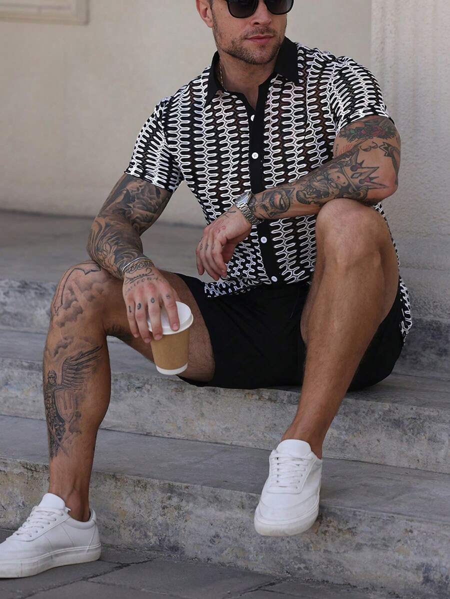 Manfinity CasualCool Bộ áo sơ mi tay ngắn in họa tiết thường ngày mùa hè dành cho nam và quần short - Đen và trắng - Xem 1