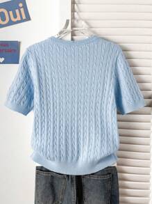 Women's Short Sleeve Patterned Knit Cardigan - Blue - View 2