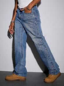 ROMWE MEN Street Life Quần Jeans Denim Nhiều Túi Trang Trí Đá Rhinestone Màu Sắc Cho Nam Thường Ngày Đa Năng - Màu xanh lam - Xem 5