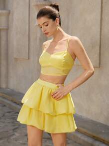 Femmeiva 2pcs/Set Women Chic Solid Color Camisole Top + 2-Layer Floral Mini Yellow Skirt - Yellow - View 3